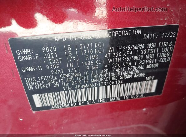 4S4WMAKD1P3406104 2023 SUBARU ASCENT Red Շարժիչի բաժամունքի տեսք