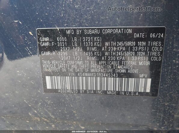 4S4WMAKD1R3445343 2024 SUBARU ASCENT Dark Blue Շարժիչի բաժամունքի տեսք
