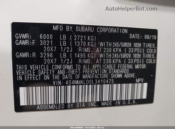 4S4WMALD0L3410475 2020 SUBARU ASCENT White Engine compartment view