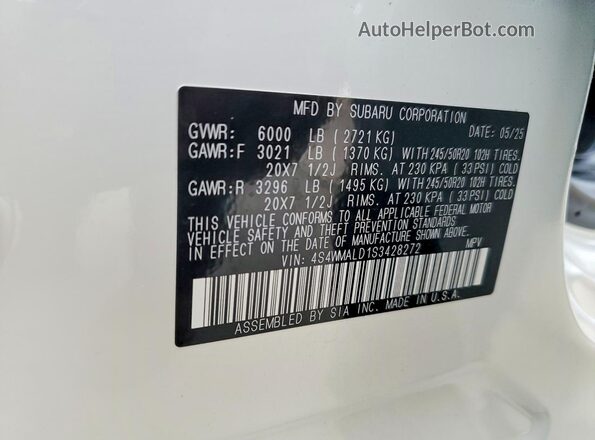 4S4WMALD1S3428272 2025 SUBARU ASCENT Белый Вид наклейки с VIN-кодом