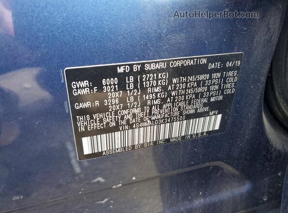 4S4WMALD3K3475500 2019 SUBARU ASCENT Blue 