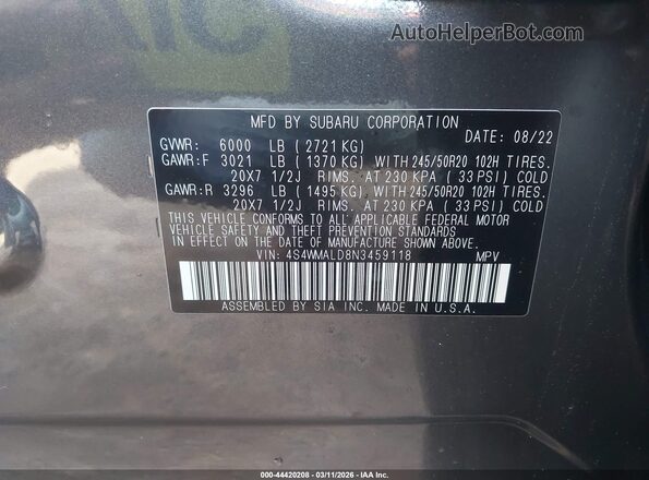4S4WMALD8N3459118 2022 SUBARU ASCENT Gray Շարժիչի բաժամունքի տեսք