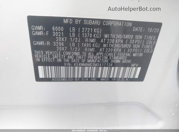 4S4WMAMD2M3417136 2021 SUBARU ASCENT Белый Вид подкапотного пространства