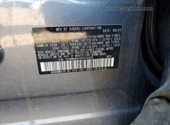 4S4WMAMD2M3459600 2021 SUBARU ASCENT Charcoal VIN կոդի պիտակի տեսք