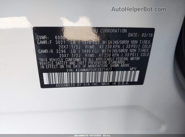 4S4WMAPD0K3471477 2019 SUBARU ASCENT White 