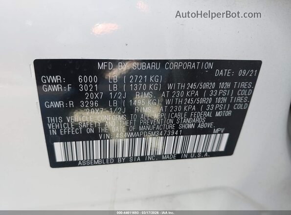 4S4WMAPD5M3473941 2021 SUBARU ASCENT Белый Вид подкапотного пространства