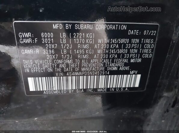 4S4WMAPD5N3452914 2022 SUBARU ASCENT Black ძრავის განყოფილების ხედი