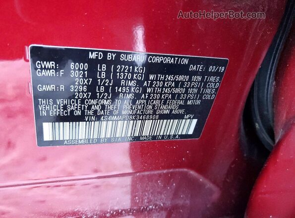 4S4WMAPD8K3468908 2019 SUBARU ASCENT Burgundy Вид наклейки з VIN-кодом