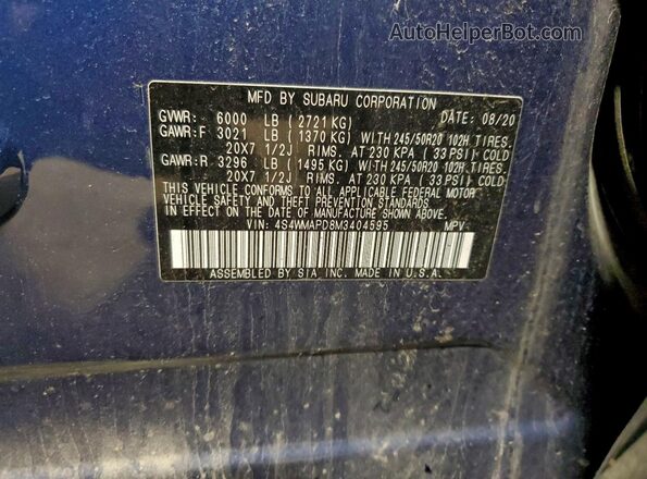 4S4WMAPD8M3404595 2021 SUBARU ASCENT Синий Вид наклейки с VIN-кодом