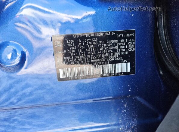 4S4WMAPD8M3409148 2021 SUBARU ASCENT Blue Панорамний вид салону 360°
