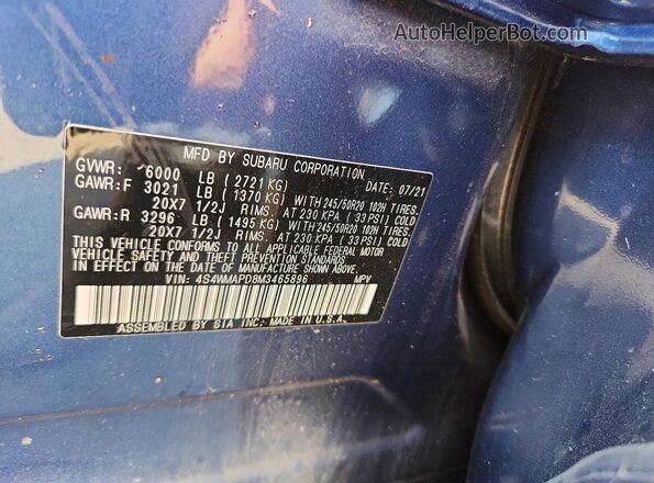 4S4WMAPD8M3465896 2021 SUBARU ASCENT Blue ძრავის განყოფილების ხედი