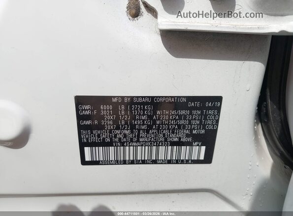4S4WMAPDXK3474323 2019 SUBARU ASCENT White 