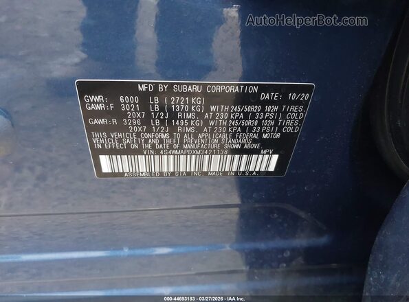 4S4WMAPDXM3421138 2021 SUBARU ASCENT Blue Engine compartment view