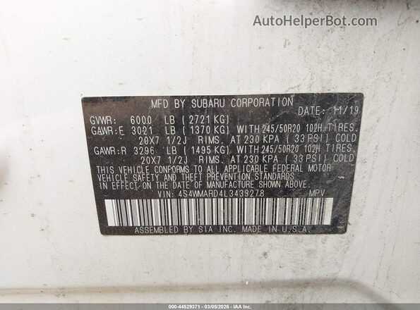 4S4WMARD4L3433278 2020 SUBARU ASCENT White ძრავის განყოფილების ხედი