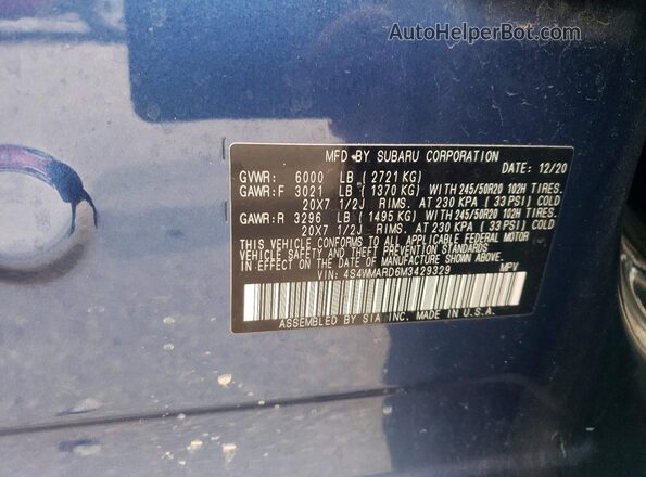 4S4WMARD6M3429329 2021 SUBARU ASCENT Blue VIN sticker view
