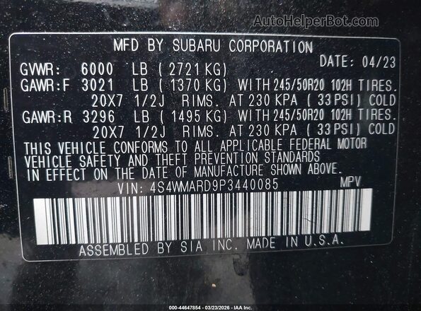 4S4WMARD9P3440085 2023 SUBARU ASCENT Black Շարժիչի բաժամունքի տեսք