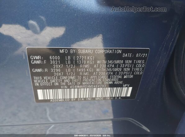 4S4WMARDXM3464293 2021 SUBARU ASCENT Blue Engine compartment view