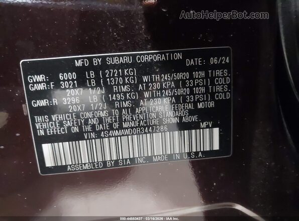 4S4WMAWD0R3447286 2024 SUBARU ASCENT Burgundy Vista del compartimento del motor