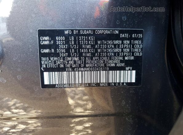 4S4WMAWD6S3436119 2025 SUBARU ASCENT Gray Widok naklejki z numerem VIN