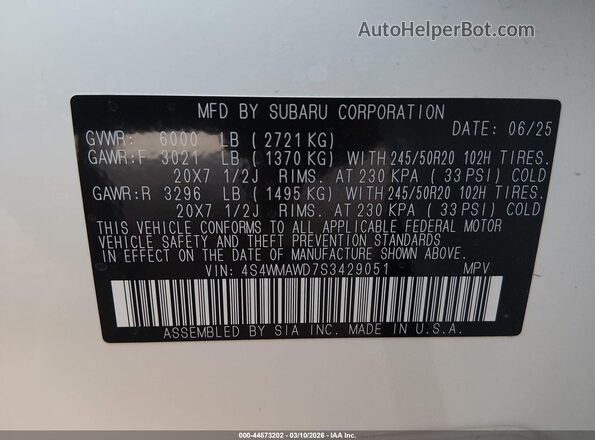 4S4WMAWD7S3429051 2025 SUBARU ASCENT White ძრავის განყოფილების ხედი