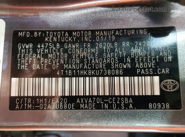 4T1B11HK8KU738086 2019 TOYOTA CAMRY Серый Вид подкапотного пространства