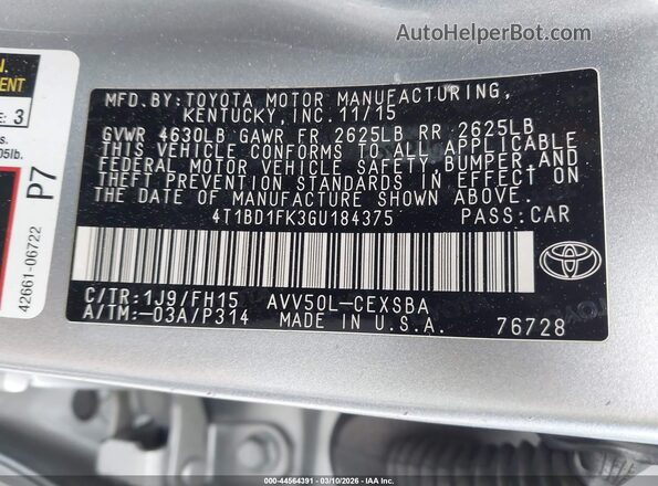 4T1BD1FK3GU184375 2016 TOYOTA CAMRY HYBRID Silver Widok komory silnika