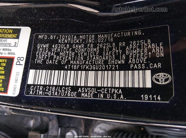 4T1BF1FK3GU201721 2016 TOYOTA CAMRY Black Vista del compartimento del motor