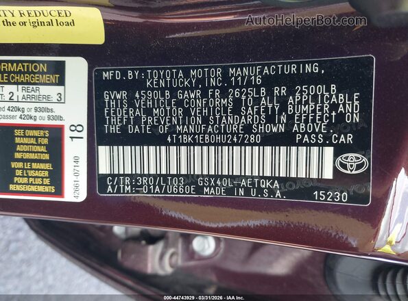 4T1BK1EB0HU247280 2017 TOYOTA AVALON Burgundy Vista del compartimento del motor