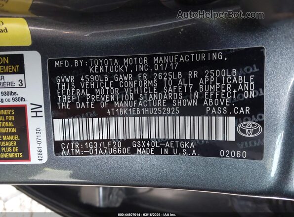 4T1BK1EB1HU252925 2017 TOYOTA LE Серый Вид подкапотного пространства