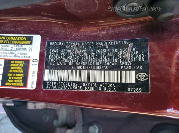 4T1BK1EB3GU195206 2016 TOYOTA AVALON Red ძრავის განყოფილების ხედი