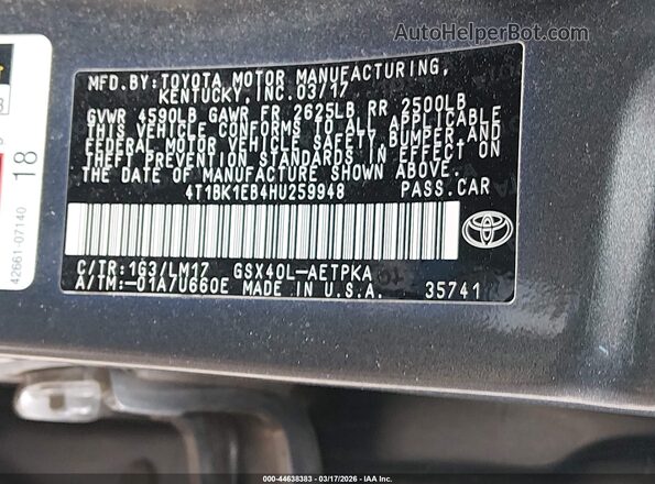 4T1BK1EB4HU259948 2017 TOYOTA LIMITED Gray 