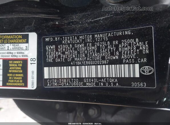 4T1BK1EB6GU202987 2016 TOYOTA AVALON Черный Вид подкапотного пространства