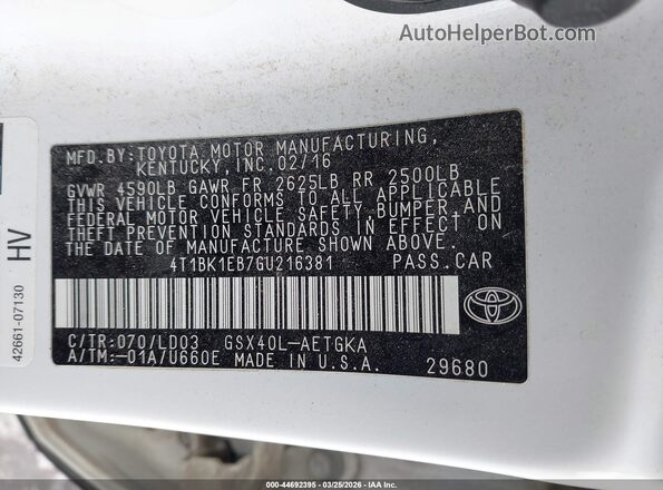 4T1BK1EB7GU216381 2016 TOYOTA LE White Widok komory silnika