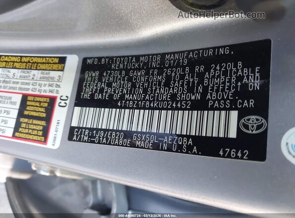 4T1BZ1FB4KU024452 2019 TOYOTA AVALON Silver ძრავის განყოფილების ხედი