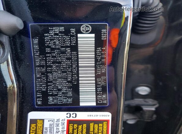 4T1DA1AB2MU010558 2021 TOYOTA AVALON Black VIN კოდის სტიკერის ხედი