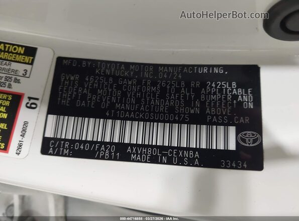 4T1DAACK0SU000475 2025 TOYOTA LE White Вид підкапотного простору