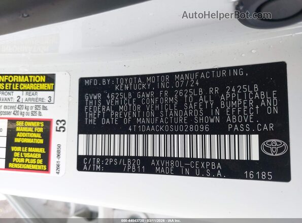 4T1DAACK0SU028096 2025 TOYOTA CAMRY White ძრავის განყოფილების ხედი