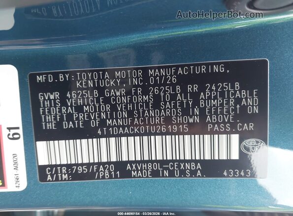 4T1DAACK0TU261915 2026 TOYOTA LE Blue Widok komory silnika
