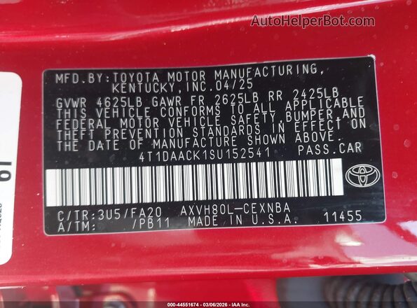 4T1DAACK1SU152541 2025 TOYOTA LE Red Engine compartment view