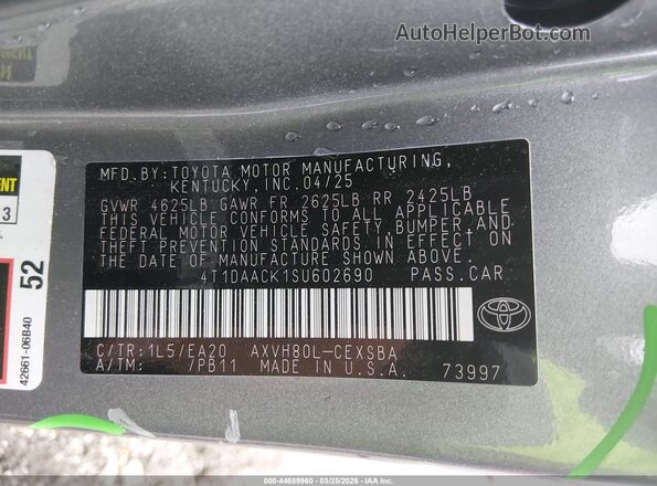4T1DAACK1SU602690 2025 TOYOTA CAMRY Gray Շարժիչի բաժամունքի տեսք