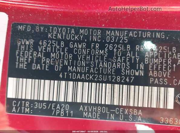 4T1DAACK2SU128247 2025 TOYOTA CAMRY Burgundy Շարժիչի բաժամունքի տեսք