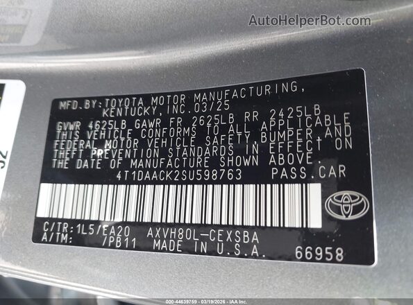 4T1DAACK2SU598763 2025 TOYOTA CAMRY Gray Engine compartment view