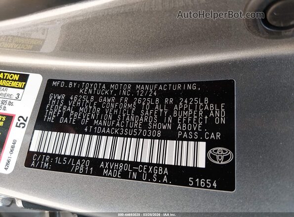 4T1DAACK3SU570308 2025 TOYOTA LE Silver ძრავის განყოფილების ხედი