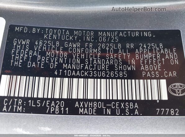 4T1DAACK3SU626585 2025 TOYOTA CAMRY Gray Շարժիչի բաժամունքի տեսք