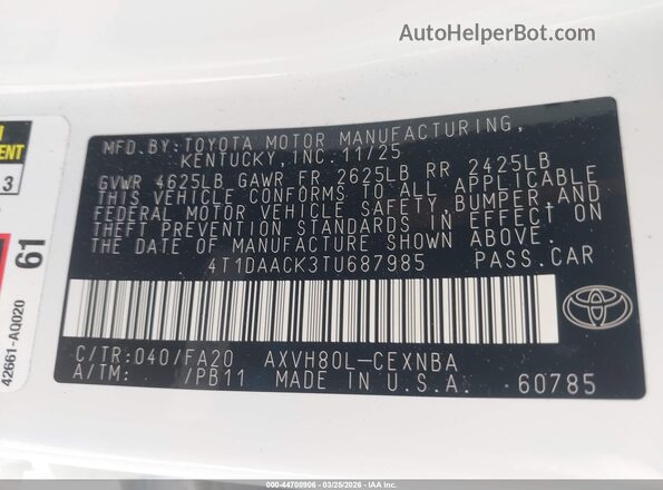 4T1DAACK3TU687985 2026 TOYOTA LE White 