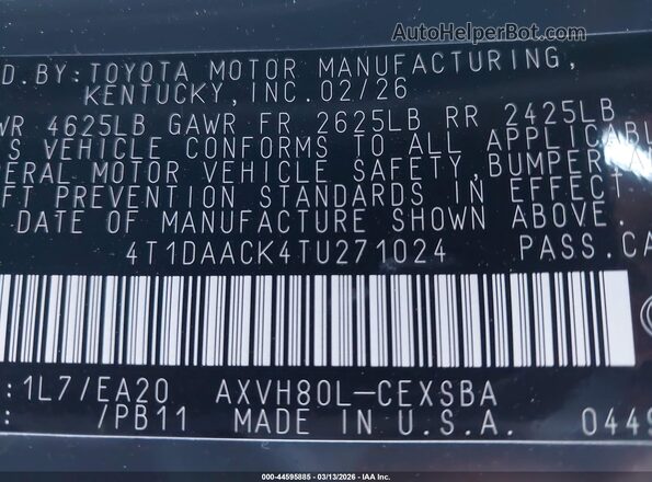 4T1DAACK4TU271024 2026 TOYOTA CAMRY Серый 