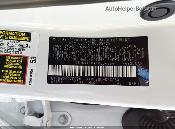4T1DAACK4TU654364 2026 TOYOTA CAMRY White Вид підкапотного простору