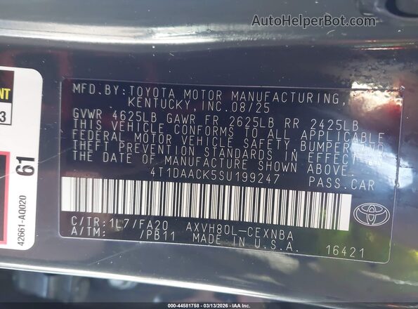 4T1DAACK5SU199247 2025 TOYOTA LE Черный Вид подкапотного пространства