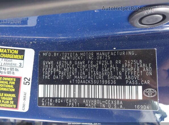 4T1DAACK5SU199636 2025 TOYOTA CAMRY Синий Вид подкапотного пространства
