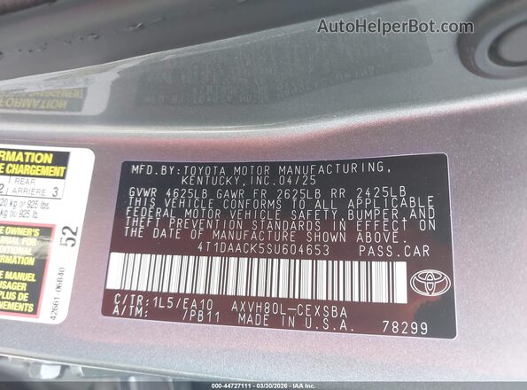 4T1DAACK5SU604653 2025 TOYOTA CAMRY Gray ძრავის განყოფილების ხედი